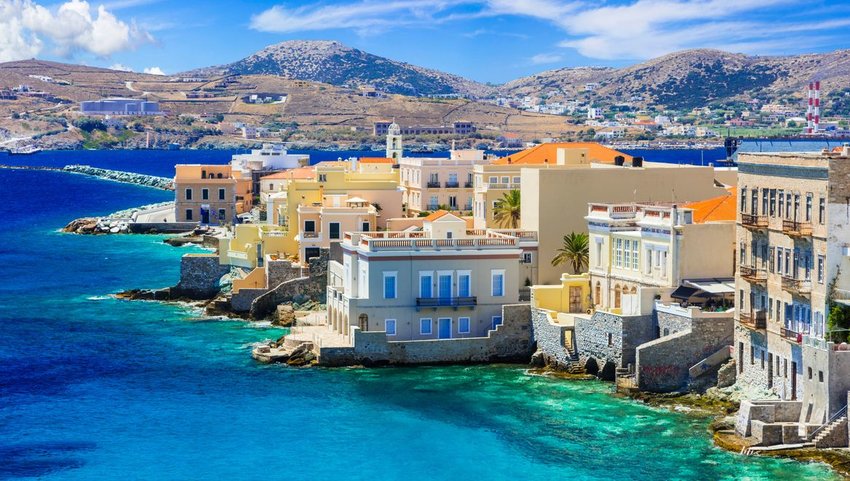 Buildings on the water in Syros, Greece 