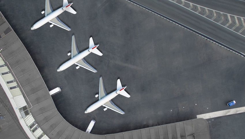 Aerial view of planes parked at airport