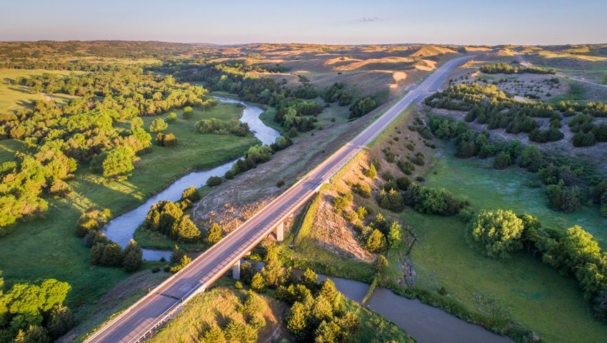 Aerial view of highway over Dismal River