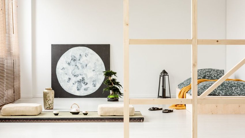 Interior of minimalist bedroom with exposed wood 