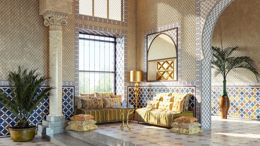 Entry hall with colorful tiles covering the walls and archways