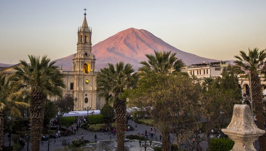 Arequipa Church with the Misti Volcano in background