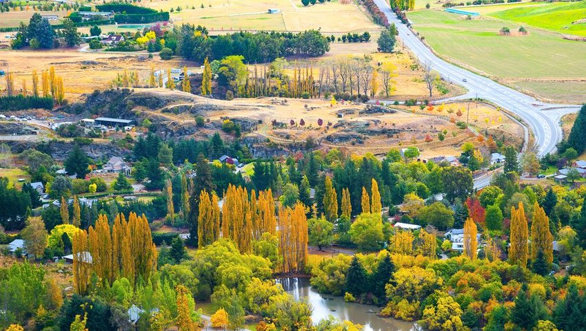 Aerial view of Arrowtown in fall 