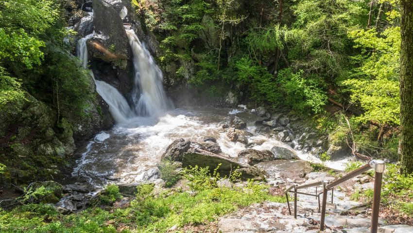 Bash Bish Falls is located in the woods in Bash Bish State Park in Mount Washington, Massachusetts