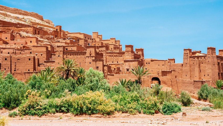 Fortified village (castle) Ait Ben Haddou on a sunny day with clear blue sky 