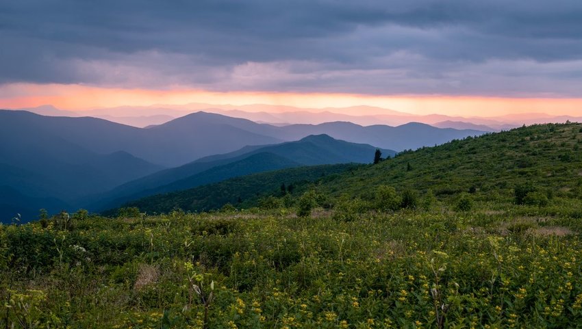 Black Balsam Knob on the Art Loeb Trail in Pisgah National Forest near Blue Ridge Parkway at sunset