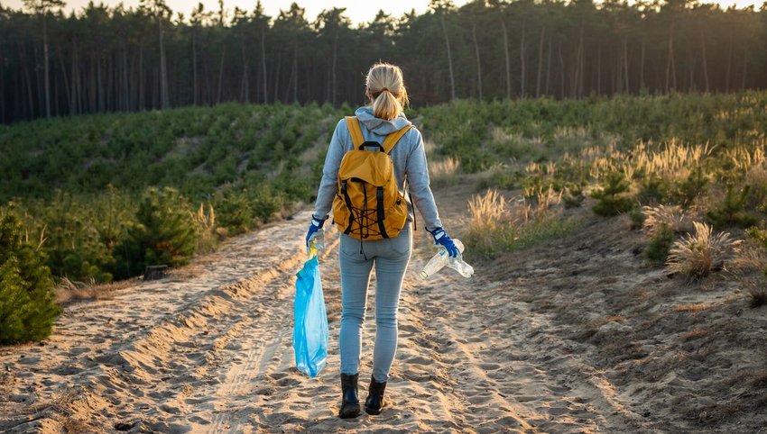 Woman picking up trash on trail in nature