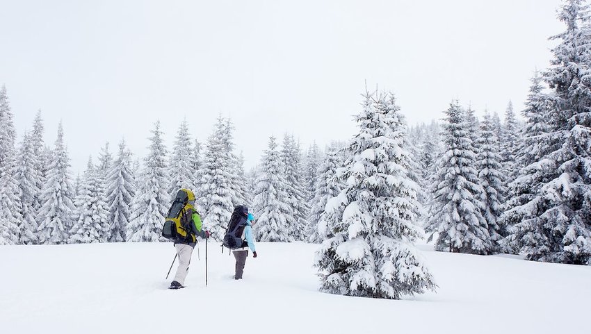 Two people snowshoeing in the snow with backpacks on 