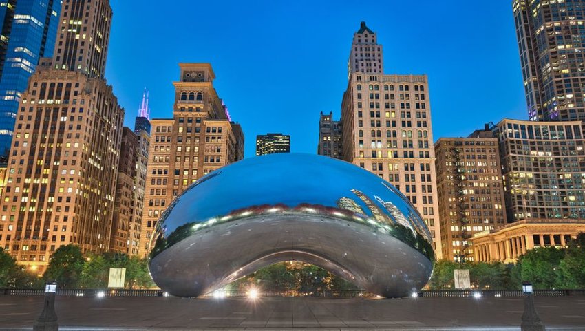 Cloud Gate in Chicago with buildings in the background 