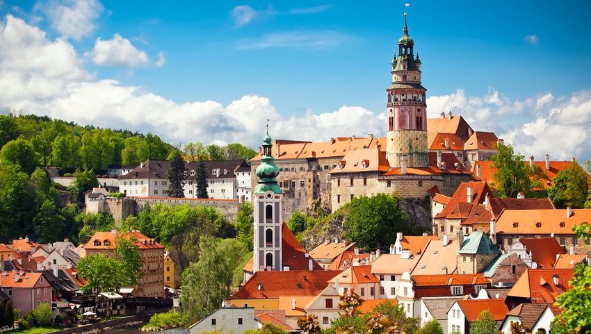 Church and castle in Cesky Krumlov, Czech republic