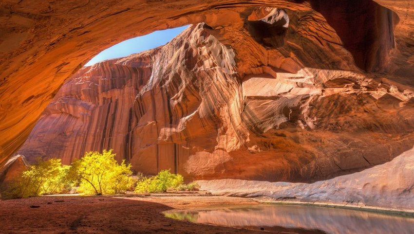 The red sandstone domed ceiling of Golden Cathedral in Neon Canyon