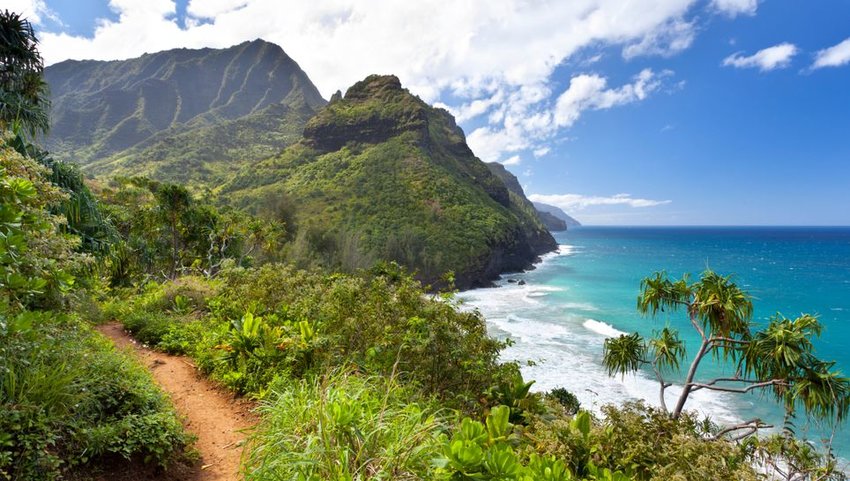 View along the Na Pali Coast from the Kalalau Trail in Kauai, Hawaii