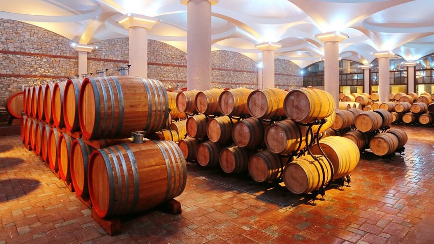 Wine barrels in a wine cellar in the Tikvesh winery region.