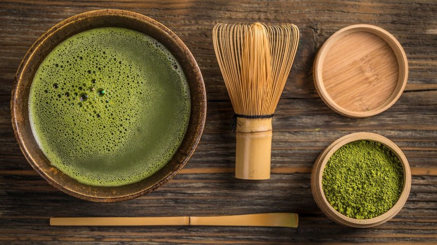 Japanese tools and bowls for brewing matcha green tea stock photo