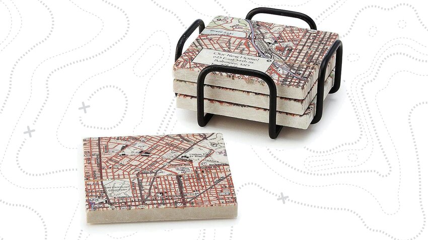 Custom Map Coaster Set with Stand, $75 at Uncommon Goods