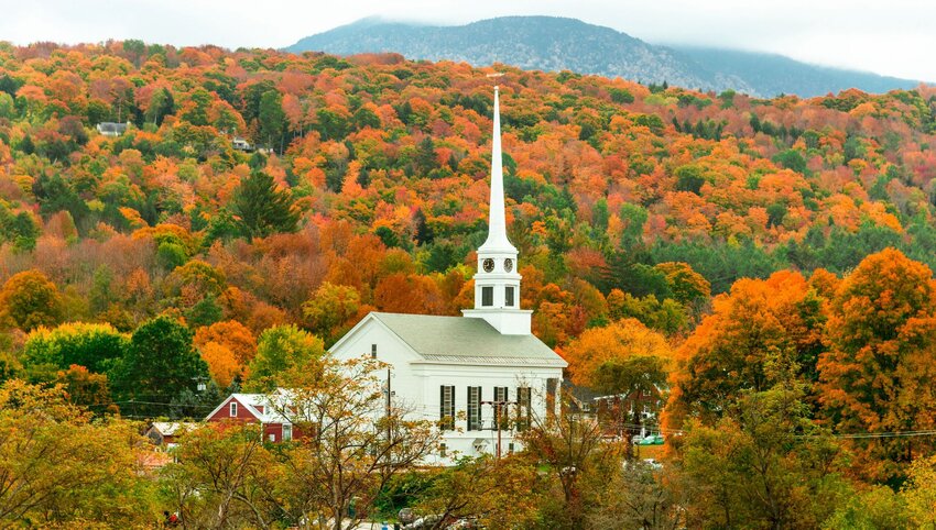 A church in the midst of Fall in Stowe, Vermont.