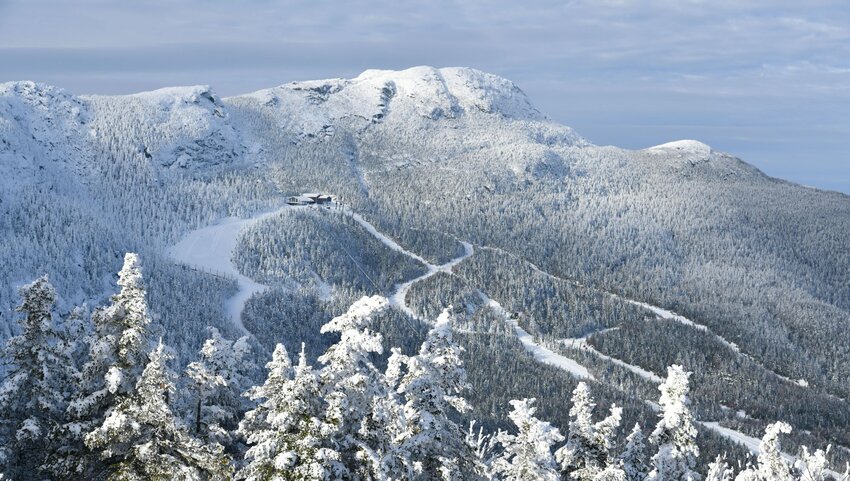 An aerial view of a snowy Mount Mansfield in Vermont.