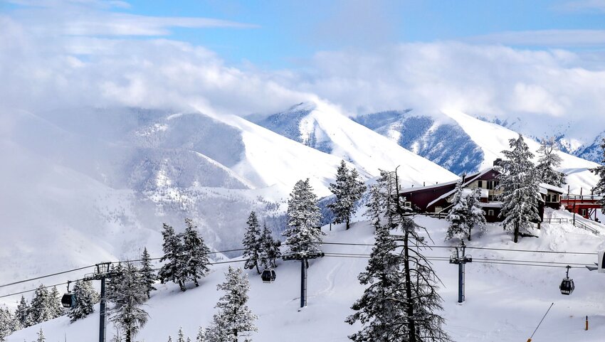 An aerial view of snowy mountains in Sun Valley, Idaho.
