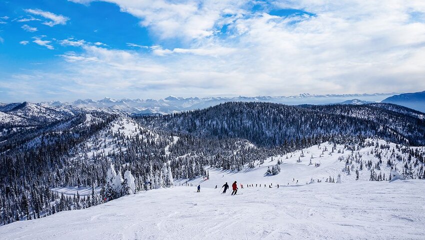 Skiers going down from the summit at Big Mountain in Whitefish, Montana.