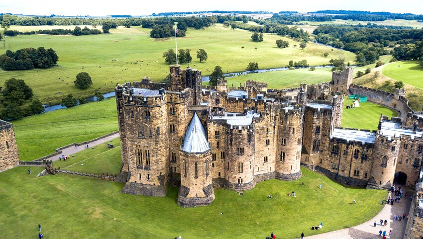 An aerial view of UK's Alnwick Castle.