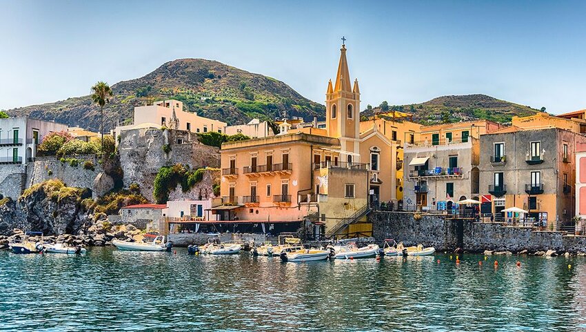 Docked boat in Marina Corta in the town of Lipari, , the largest of the Aeolian Islands.
