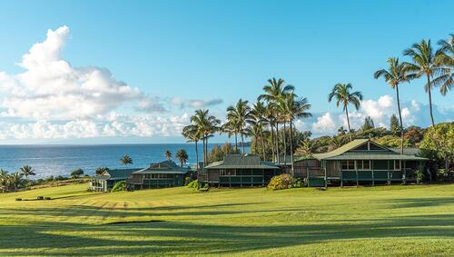 Four suits of Hana-Maui near the ocean with palm trees in distance. 