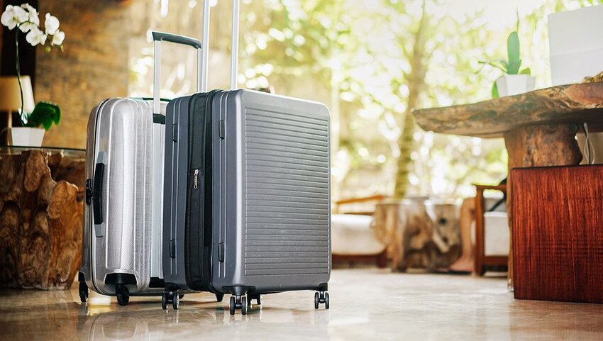 Two gray suitcases in a hotel lobby.