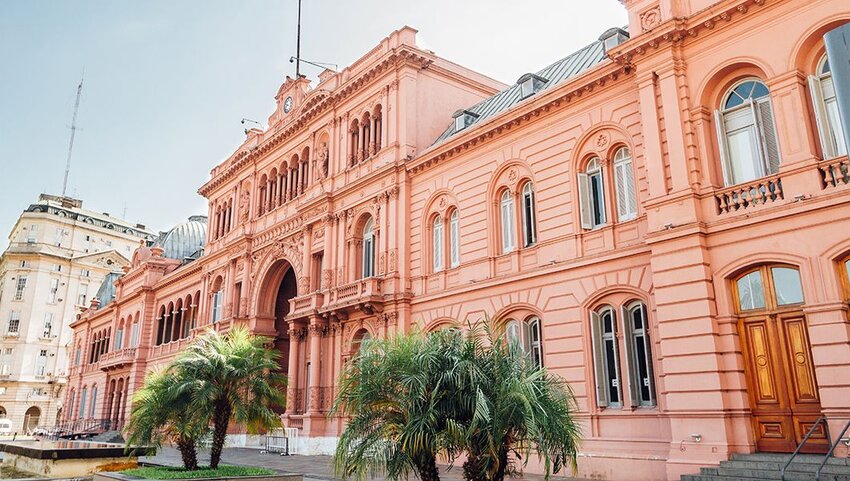 Casa Rosada (Pink House), presidential Palace in Buenos Aires, Argentina, view from the front entrance.