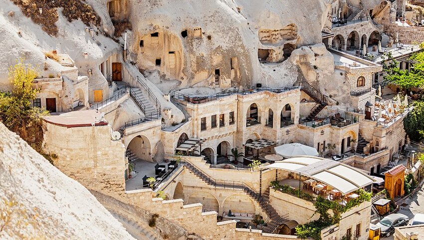 Cappadocia hotels carved from stone rock.