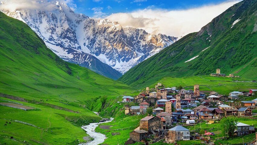 Ushguli village at the foot of Mt. Shkhara,Upper Svaneti, Georgia.