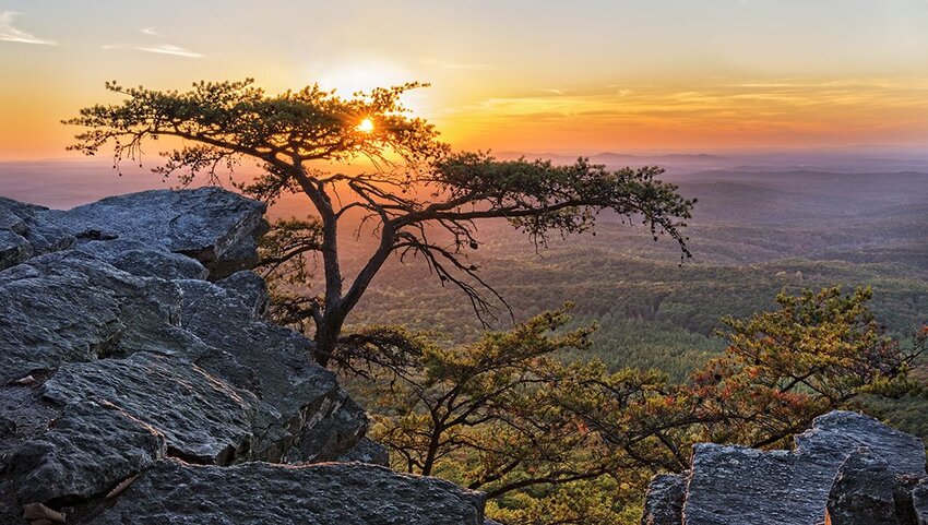 Sunset at Cheaha Overlook in Cheaha Mountain State Park In Alabama.