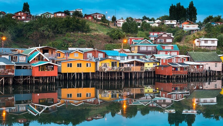 Traditional stilt houses over water in the city of Castro at Chiloe Island.