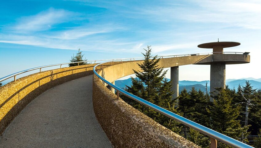 Walkway and overlook at Clingmans Dome at sunrise.