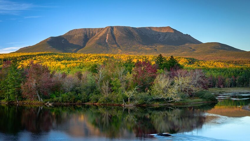 Lake and trees with Mount Katahdin in distance. 