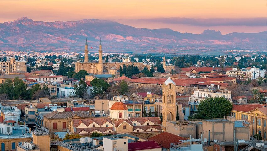 Aerial view over old town of Nicosia, Northern Cyprus and Selimiye Mosque.