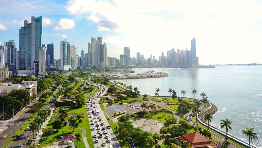 Aerial view of the modern skyline of Panama City, Panama.