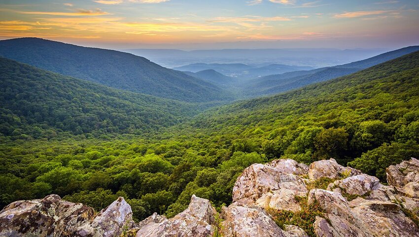 Sunset over the Shenandoah Valley and Blue Ridge Mountains from Crescent Rock, in Shenandoah National Park, Virginia.