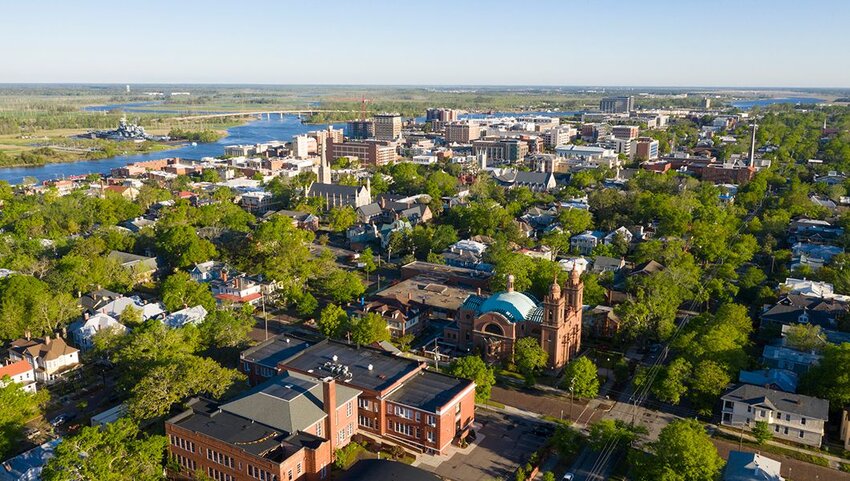  Aerial of Downtown City Center Wilmington, North Carolina.