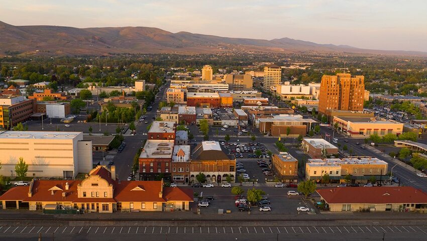 Aerial of downtown Yamika, Washington at sunset.