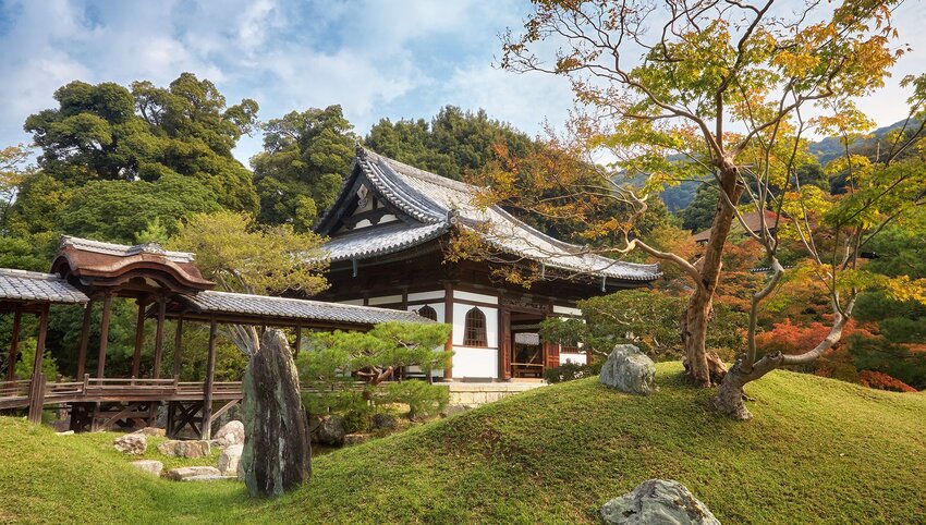 Kaizando memorial Hall in the tsukiyama style garden, rocks, pine and maple trees at Kodai-ji Temple.