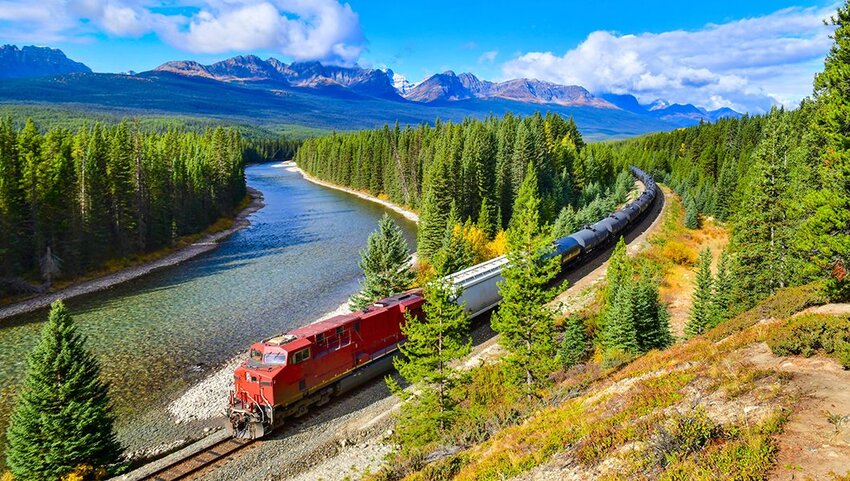 Train passing Morant's curve at Bow Valley in autumn in Banff National Park.