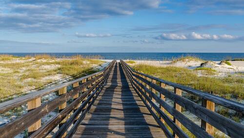 A wooden walkway to the Gulf of Mexico on the Alabama Gulf Coast.