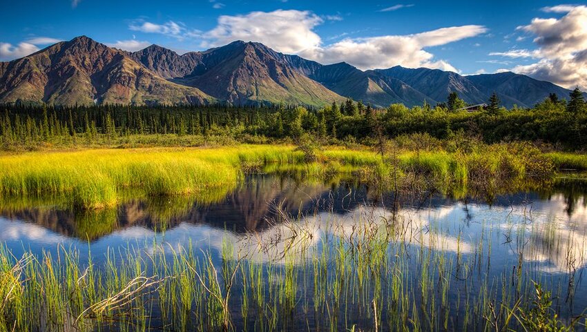 View of a mountain range in Denali National Park, Alaska with a reflection in lake.