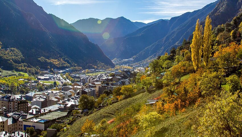 View of Andorra La Vella in the valley of Pyrenees mountains, Andorra.