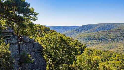 View of tree covered mountains from hiking trail in Arkansas. 