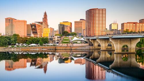 Hartford, Connecticut downtown city skyline on the river.