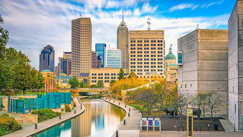 Indianapolis, Indiana downtown skyline over the river walk.