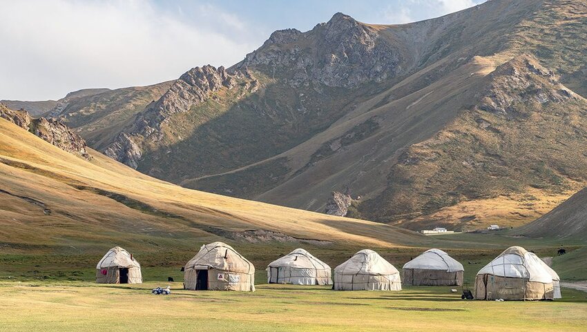 The view of yurts nomad village in Tash-Rabat in Kyrgyzstan.