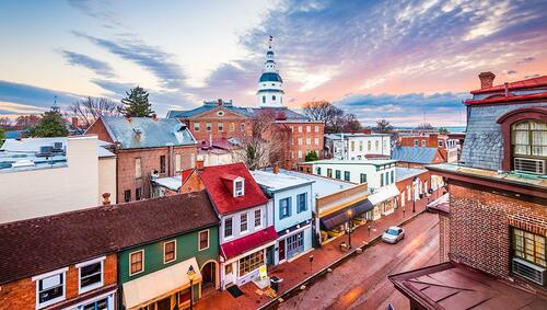 Downtown Annapolis, Maryland over Main Street with the State House.