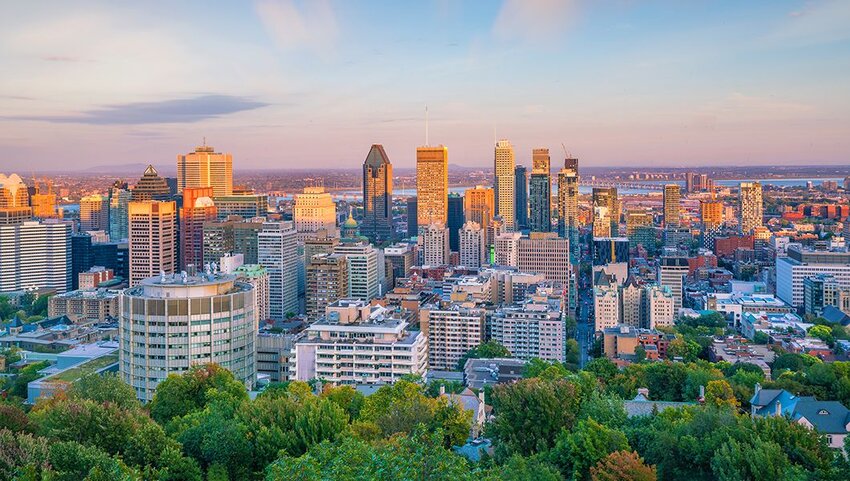 Panoramic skyline view of downtown Montreal from top view at sunset.